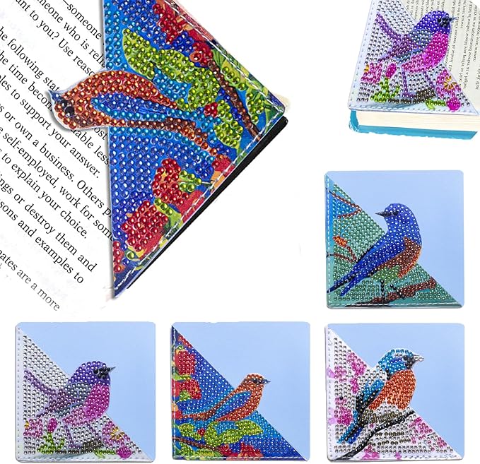 4 Pcs Diamond Painting Bookmark, DIY Corner Book Makers for Adults Book Lovers, Diamond Dot Art Beginners, Small Diamond Art Kits, Paint by Art Crafts Gift for Women Girls (Bird)