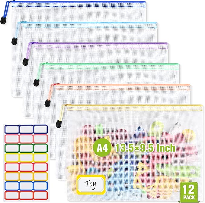 Mesh Zipper Pouch Bags: Clear Zipper Pouches for Classroom, Plastic Mesh Bag Letter Size Document Pouch, A4 Waterproof Organizing Pouch for School and Office Supplies (13.5 x 9.5Inch, 6PCS, 6 Color)