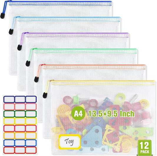 Mesh Zipper Pouch Bags: Clear Zipper Pouches for Classroom, Plastic Mesh Bag Letter Size Document Pouch, A4 Waterproof Organizing Pouch for School and Office Supplies (13.5 x 9.5Inch, 6PCS, 6 Color)