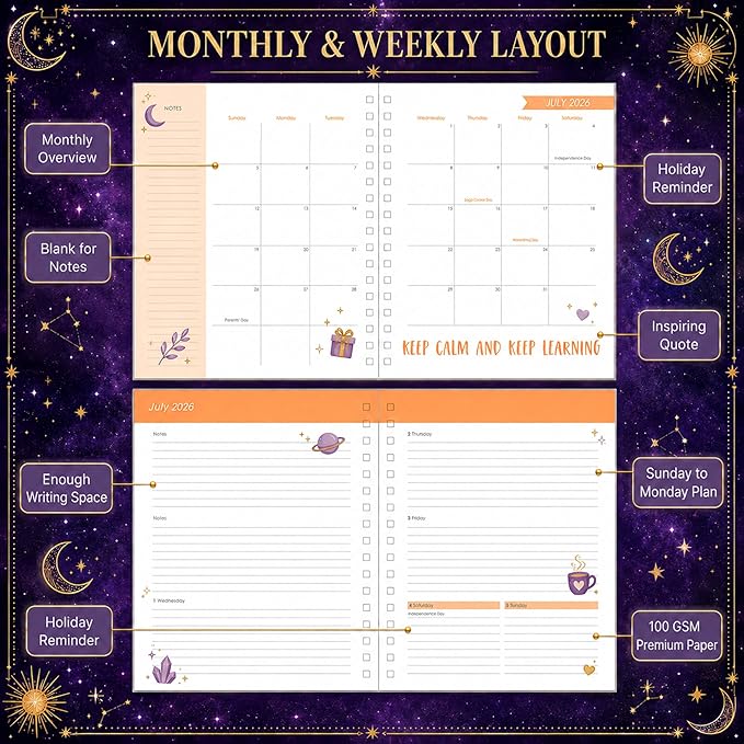 CAGIE Planner 2026-2027 18 Month July 2026-Dec 2027 Weekly and Monthly Calendar Planners Yearly Daily Hardcover 26-27 Planner for Women with Stickers Tabs Spiral Bound Agenda, Purple, 8.3"x9.1