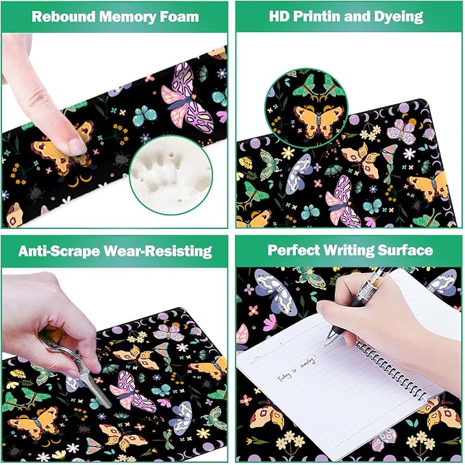 ARTSO Desk Mat Set, Black Butterfly Extended Gaming Mouse Pad with Wrist Rest Support +Keyboard Wrist Rest +Coaster, Large Cute Mousepad, Easy Typing and Pain Relief