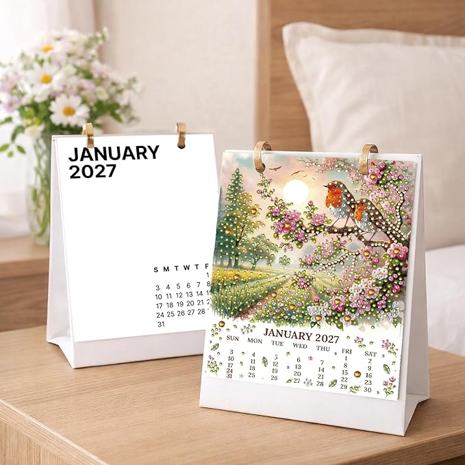 2027 Standing Desk Calendar DIY Diamond Art Painting Monthly Flip Dates Holiday Double-Sided Pattern Tabletop Calendars Diamond Art Craft Supplies Planner Office Home-Holiday