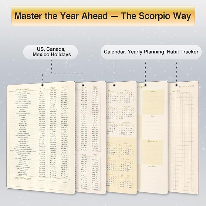 AuroPlanner Scorpio Zodiac Undated Planner – Monthly Weekly Daily Astrology Portable Journal Notebook, A5 (5.8” × 8.3”), 160 Pages 4-Month Layout, 100 GSM Paper