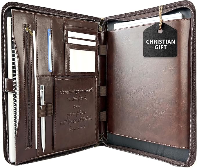 DEHITE Leather Portfolio for Men – Padfolio Case for Men and Women – Brown Bible Notebook Organizer – Pen Slots – Zipper Binder – Premium PU Leather – Feels Like Full-Grain – Office Gift Accessories
