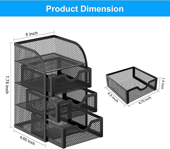 EasyPAG Mesh Desk Organizer with 3 Drawer Office Desktop Organizers and Accessories Stationery Caddy for Office, Home, Students, Black