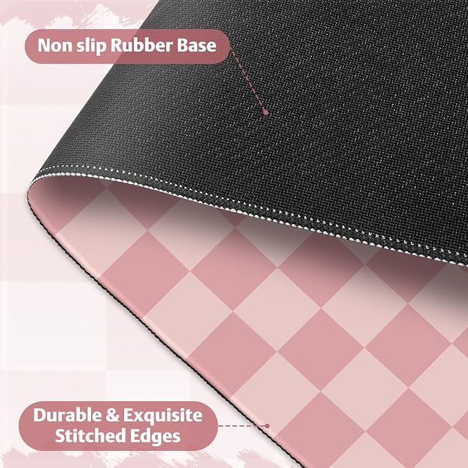 Checkered Pattern Desk Pad Mouse Pad, Large Gaming Mouse Mat with Stitched Edges, Waterproof Rubber Base Mous Mat for Office Computer Keyboard Laptop Home Decor Women (35.4X17.5 inch), Pastel Pink