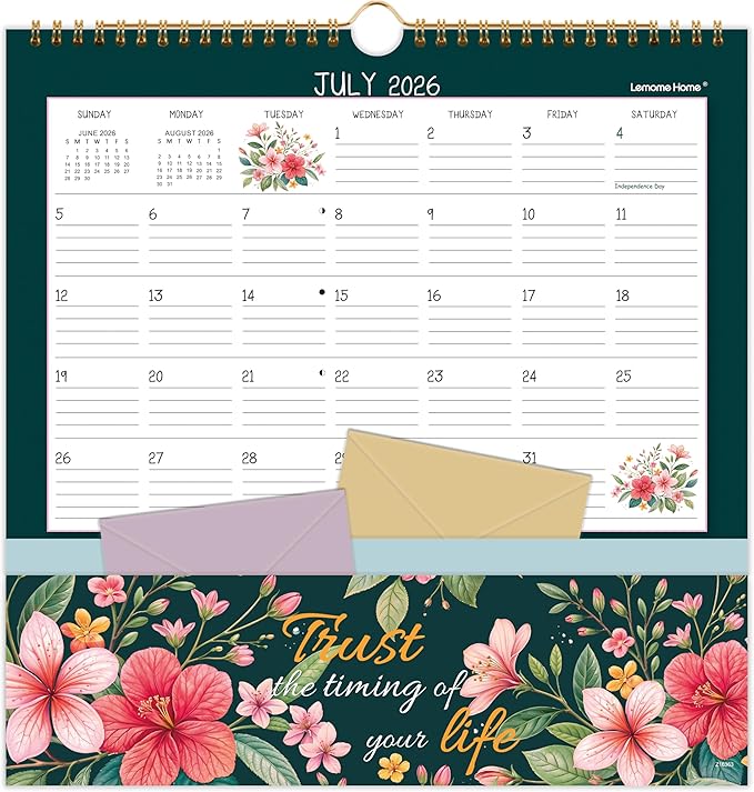Wall Calendar 2026-2027 - Pocket Calendar, 11.2" x 11.2", 2026-2027 Calendar with Pockets, Jul. 2026 - Dec. 2027, Wall Calendar 18 Month with One Pockets, Calendars for Office School Home, Golden Twin Wire Binding, Premium Paper - 12 Different Floral
