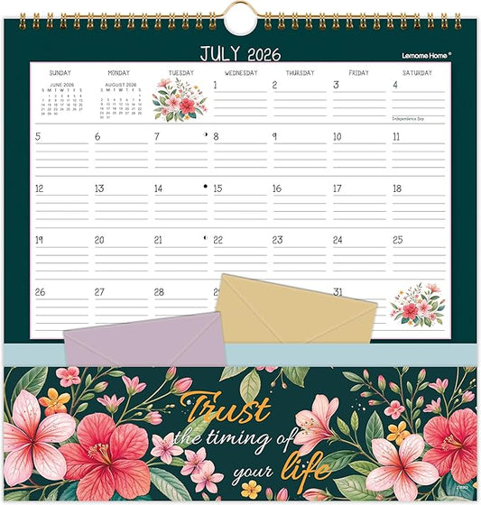 Wall Calendar 2026-2027 - Pocket Calendar, 11.2" x 11.2", 2026-2027 Calendar with Pockets, Jul. 2026 - Dec. 2027, Wall Calendar 18 Month with One Pockets, Calendars for Office School Home, Golden Twin Wire Binding, Premium Paper - 12 Different Floral