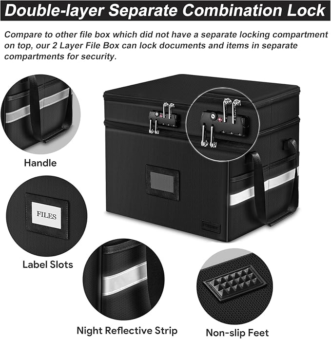 ETRONIK Fireproof File Organizer with Lock, 2 Layer Fireproof Document Box with 5 Tab Inserts, Portable Office File Cabinet Collapsible File Storage for Hanging Letter, Legal Size Folder