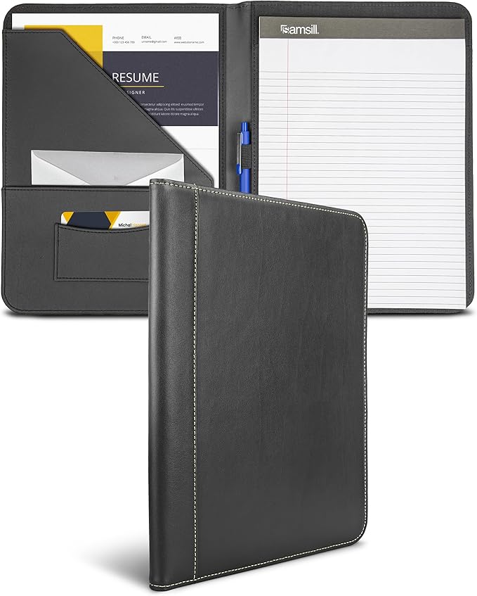 Samsill Contrast Stitch Faux-Leather Padfolio, Business Portfolio for Men and Women, Resume Document Organizer with 8.5 x 11 Inch Writing Pad, Black