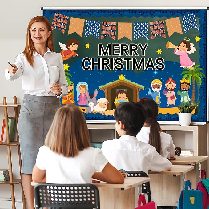 FYSUIMU 80Pcs Christmas Nativity Bulletin Board Decorations Christian Jesus Birth Scene Paper Cutouts Merry Christmas Classroom Decor with 150Pcs Glue Points for Xmas Party Sunday School Church