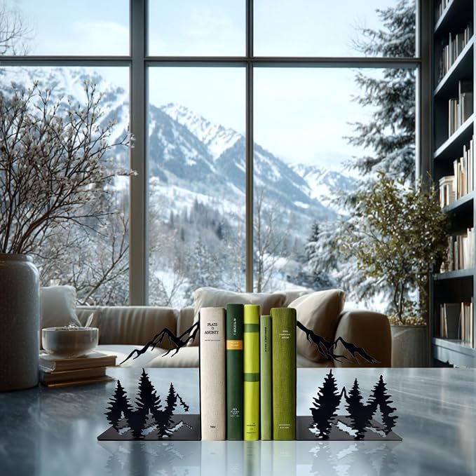 Matte Black Decorative Metal Mountain Bookends, Modern Aesthetic Decor for Home Office, Library or Studio Shelves, Unique Gift for Book Lovers