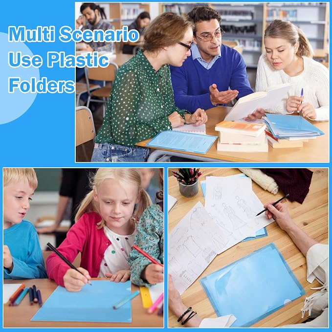 Fainne 100 Pcs Plastic Document Folders Clear File Folders Plastic Pockets Sleeves Letter Size 8.7 x 12.2 Inches A4 Assorted Colors for Office Supplies (Blue)
