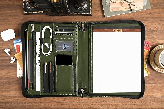Personalized Leather Portfolio for Men, Business Padfolio with Zipper, Vegan Leather Folio with A4 Writing Pad Holder Organizer for Resume, Interview, Custom Portfolio - Green