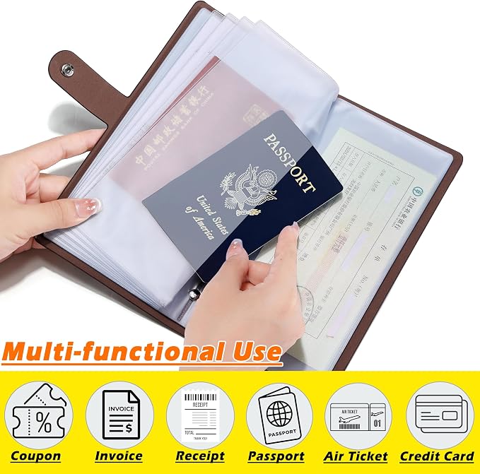 Leather Receipt Organizer,Coupon Organizer with 40 Pockets, Multi-Purpose Receipt Holder Organizer, Wallet Style Coupon Holder Prevent Loss or Damage of Receipts and Coupons (Darkbrown)