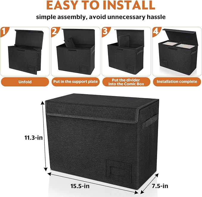 YSCare 4-Pack Comic Book Storage, Collapsible Comic Book Case with Dividers and Carrying Handles, Comics Short Box Holds 150 Comics, 15.5" X 7.5" X 11.3" Heavy-Duty Stackable Case
