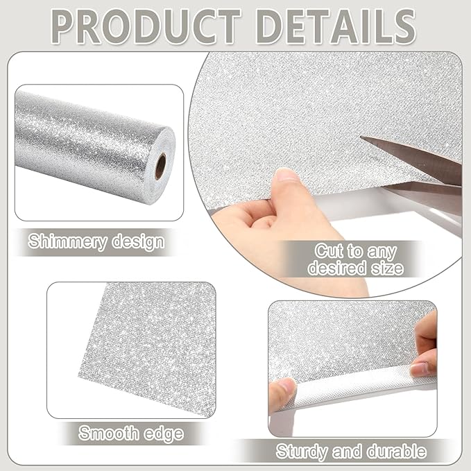 Glitter Bulletin Board Roll Silver Bulletin Board Paper Sparkle Silver Wrapping DIY Art Crafts Fade Resistant Wrinkle Resistant Poster for Classroom Office Home Backdrop Decoration 15.7" x 40 Ft