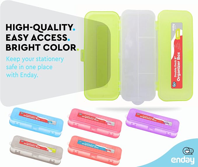 Enday Pencil Box Green, Plastic Double Deck Pencil Case with 7 Compartments, Box Organizer with Snap Closure for Home and Office