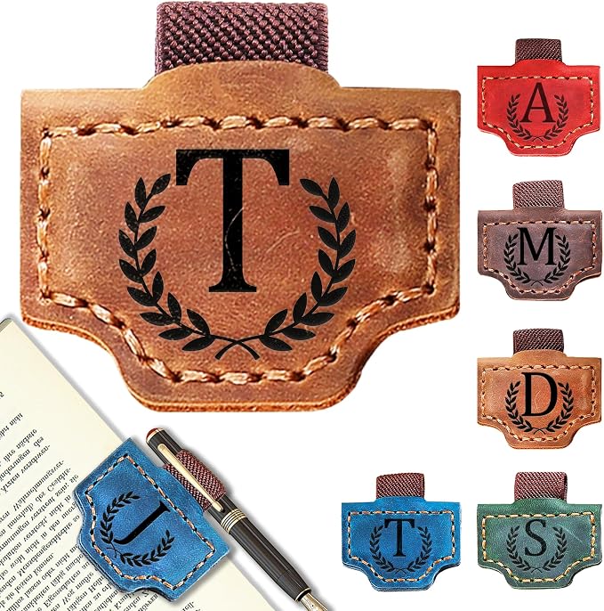 Personalized Leather Magnetic Bookmark with Pen Holder, Bookmark 26 Letters Name Initial Bookmarks for Readers, Book Lover Gifts for Women Men Notebook Accessories (Brown, T)