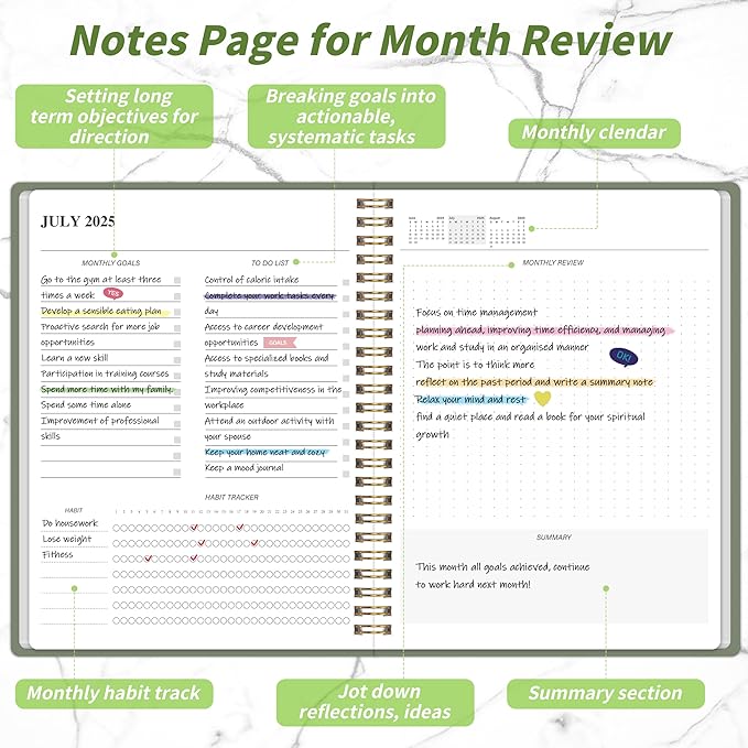 Monthly Planner 2025-2027, July 2025 - June 2027, 2 Year Calendar 2025-2027 Monthly Planner, 7.5" x 10", 24 month Calendar With Goals To Do List, Habit Tracker Suitable for Schools & Offices & Home, Green