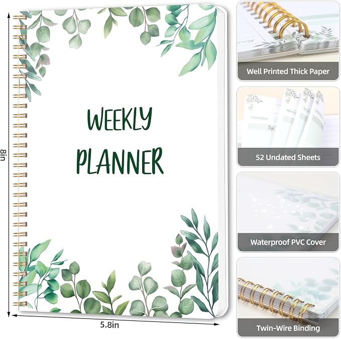 Undated Weekly Planner, Weekly To Do List Notebook with Goal & Habit Tracker Organizer, A5 5.8" x 8.0" Weekly Planner Notebook with Spiral Binding for Men or Women