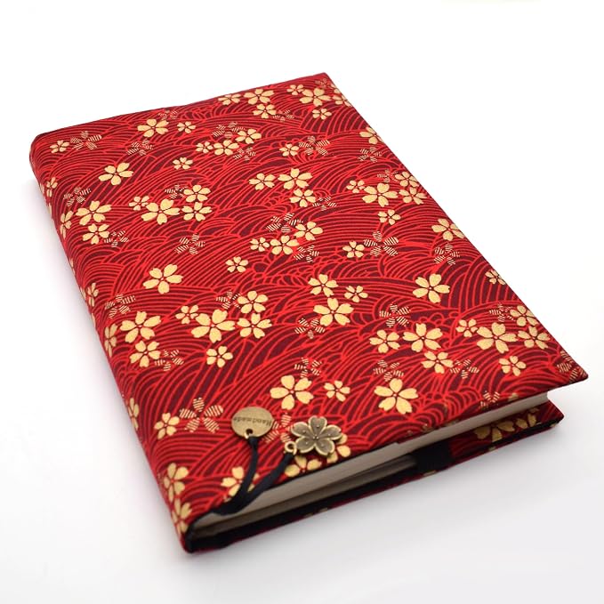 BLBMH 5.5x8.5 Fabric Bible Cover Non-Stretch | Built-in Bookmark | Handmade Washable Book Sleeve for Paperback Journal Privacy Reading Gift for Women - Red Sakura