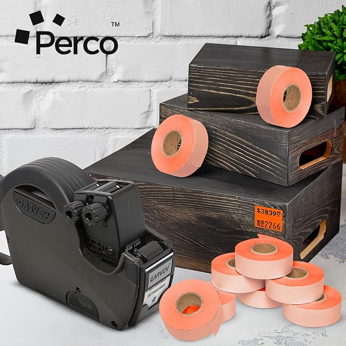 Perco Fluorescent Red Garvey 2216 Pricing Labels for Garvey 22-66/22-77/22-88 Two Line Pricing Gun - 9 Rolls, 1 Sleeve - 9,000 Pricemarking Labels and 1 Inker Included