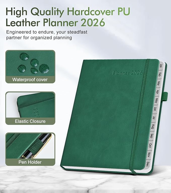 2026 Weekly & Monthly Planner, 12 Months Hardcover Planner from January 2026 - December 2026, Leather Agenda Organizer Book 2026 with Tabs, Daily Calendar Planners for Work School Home, A5 (5.75" x 8.38"), Green