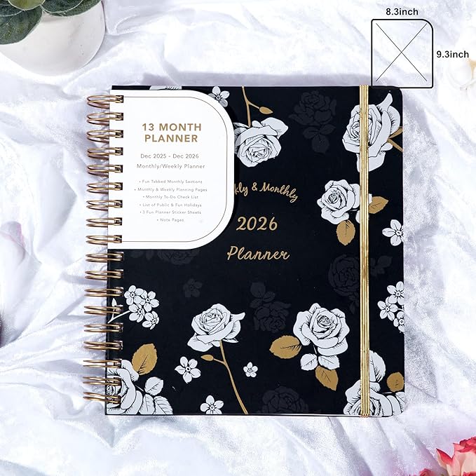 CAGIE 2026 Planner Weekly and Monthly Dec 2025–Dec 2026 Hardcover Planner with Pockets, 13 Month Large Black Flowers Calendar Planner with Stickers Tabs, Spiral Bound Yearly Calendar Planner for Women, 8.3" x 9.3"