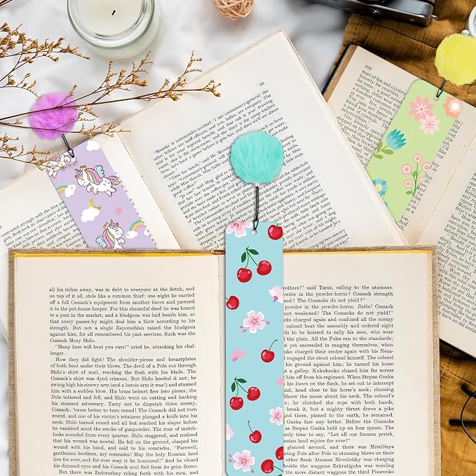16 Pcs Cute Bookmarks Bulk Colorful Book Marks with Pompom Pendant Gifts for Reading Kids Boys Girls Book Lovers Reading Presents Classroom Reading Prizes Party Favor