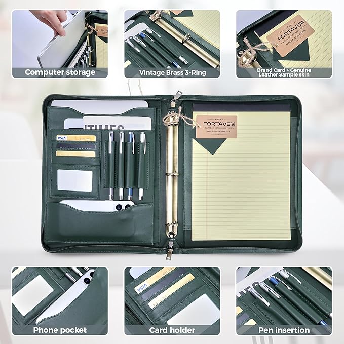 Genuine Leather Zippered Padfolio with 3 Ring Binder, A4/Letter Portfolio Organizer for Work, Fits 13.9" Laptop, Business Folder with Notepad Holder, Meetings & Interviews (Green)