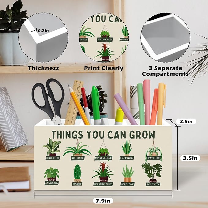 Mental Health Pen Holder, Therapy Office Pen Pencil Holder Organizer for Desk Accessories, Growth Mindset Botanical Wooden Box Desk Decor for School Counselor Therapy Office Desk Decorations