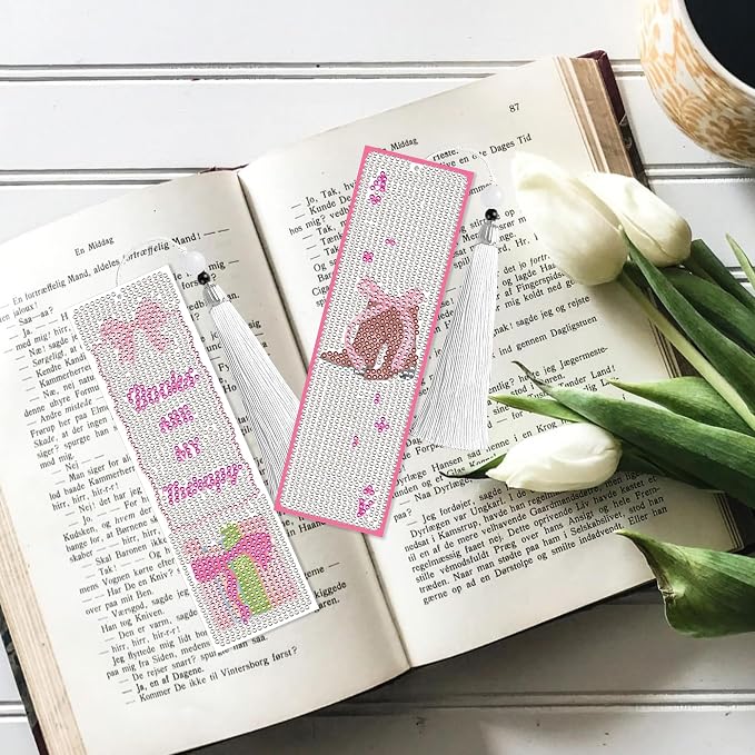 8 Pcs Bow Diamond Art Bookmarks Kit with Tassels, Cute Pink Diamond Painting Bookmarks for Women Book Lovers, DIY Bookmark Making Kit for Adults Beginners Aesthetic Crafts