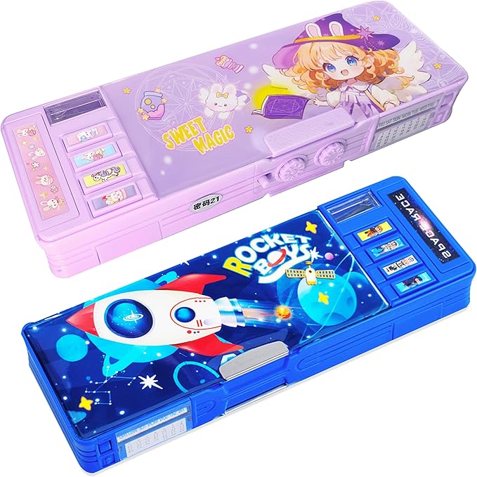 【2Pack】Pop Up Multifunction Pencil Case for Girls and Boys, Cute Cartoon Pen Box Organizer Stationery with Lock, Sharpener, Schedule, Whiteboard, School Supplies, Best Gifts for Kids(Purple+Rocket)