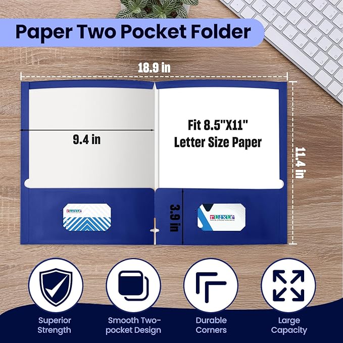 BIBRADAA® 10 Packs Blue Folders,Paper Folder Surface with Waterproofing,Letter Size,Holds 100 Plus Sheets,for School,Office,Business. (10, Blue)