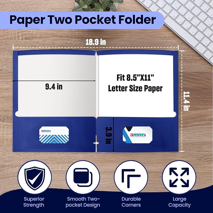 BIBRADAA® 50 Packs Blue Two Pocket Folders Surface with Waterproofing,Letter Size,Holds 100 Plus Sheets,for School,Office,Business. (50, Blue)