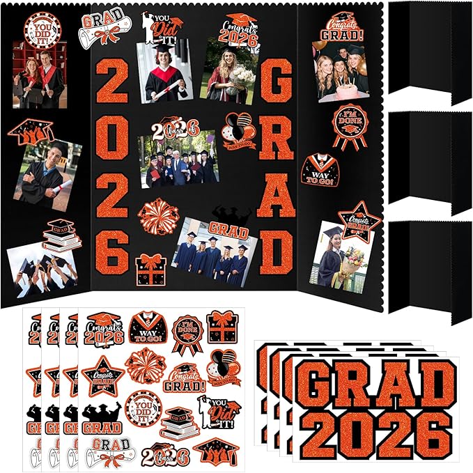 4 Set Graduation Photo Display Board, Class of 2026 Black Orange Trifold Poster Board with Grad Pattern Stickers, Graduation Photo Props Collage for Multiple Pictures Party Decorations, 16x24 Inch