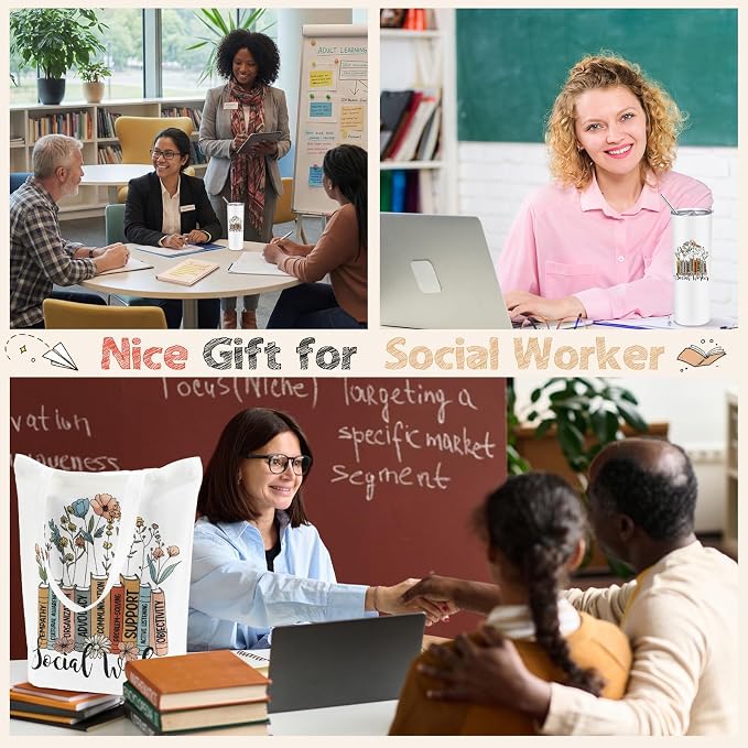 Fuutreo 3 Pcs Social Worker Appreciation Gift for Women Include 20 oz Tumbler Cup Canvas Tote Bag Leather Journal Thank You Gifts for Teacher Coworker Volunteer BSW MSW DSW Graduation Party Favors
