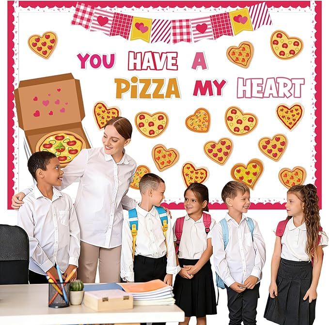 Valentines Day Bulletin Board Set Heart Pizza Cutouts Valentines Bulletin Board Decorations for School Classroom Chalkboard Wall Window Door Decor, You Have A Pizza My Heart