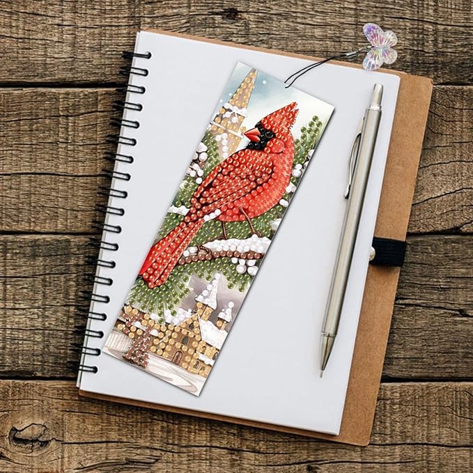 3Pcs DIY Diamond Art Painting Bookmarks with Colorful Butterfly Pendant PET Bookmark Ornament Double Sided Pattern Single Sided Diamond Book Marker Clip Gifts Tags-Cardinal