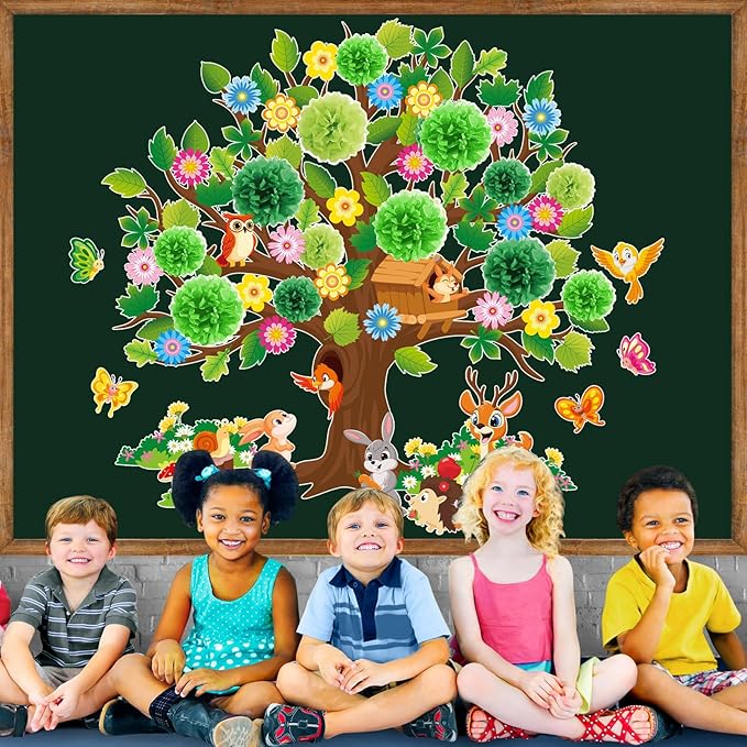 Pajean 126 Pieces Classroom Tree Bulletin Board Set Spring Tree Bulletin Board Decoration with Paper Pom Poms 3D Flowers Leaves Butterfly Cutouts for School Classroom Home Wall Chalkboard Decor