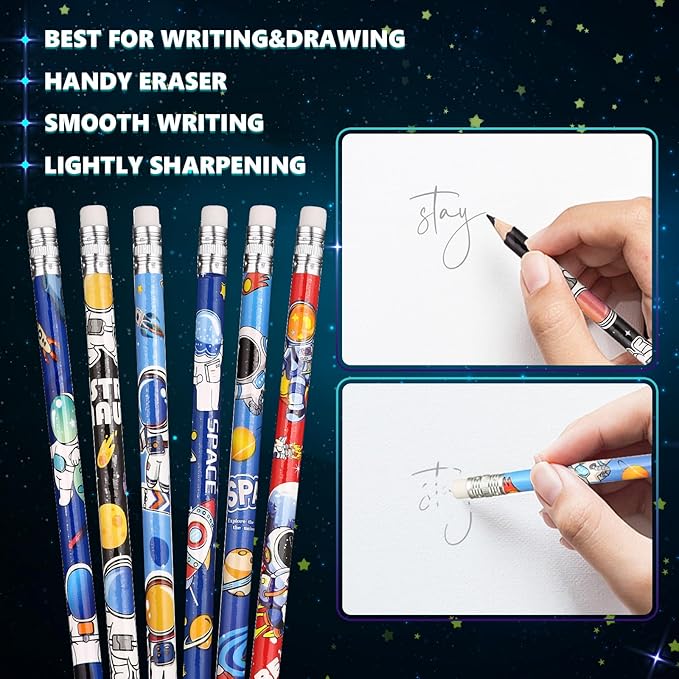 24 Pcs Space Pencils for Kids，Novelty Fun Lead Pencils with Eraser Rocket and Space Party Favors for Birthday Party，Classroom for Teacher Supplies，Student Favors Reward