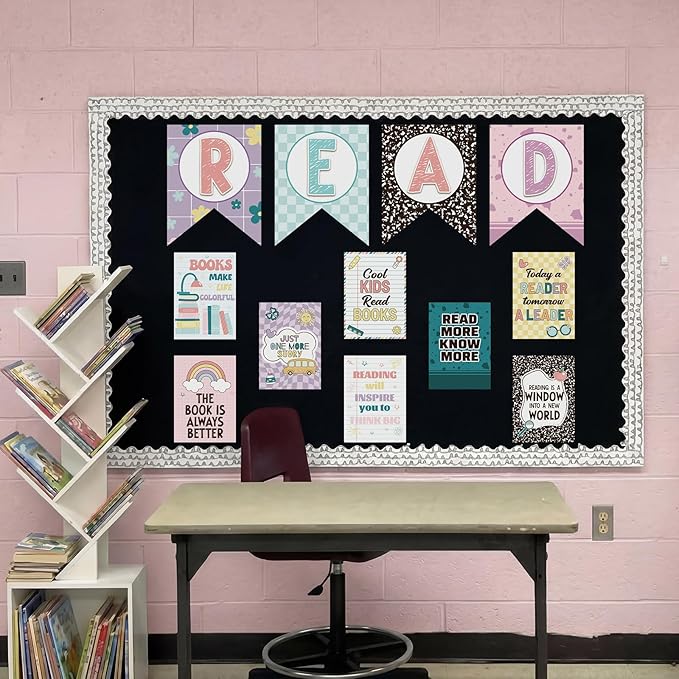 Reading Classroom Decorations Library Posters Bulletin Board Sets for Elementary Classroom Pennants Decor for Back to School Nursery Library Teacher Supplies(Bright Colors)