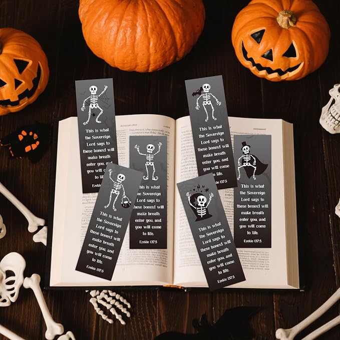 TICIAGA Halloween Skeleton Bookmarks - 60Pcs Halloween Skull Bookmarks for Women, Double Sided Book Tracker Skeleton Page Marker for Book Lovers, Skull Christian Church Giveaways for Sunday School