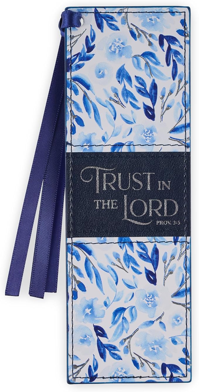 Christian Art Gifts Premium Vegan Leather Inspirational Scripture Bookmark for Women: Trust in the Lord Encouraging Bible Verse, Cute Satin Ribbon for Reading Books & Bibles, White/Blue/Silver Floral