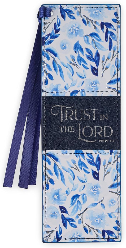 Christian Art Gifts Premium Vegan Leather Inspirational Scripture Bookmark for Women: Trust in the Lord Encouraging Bible Verse, Cute Satin Ribbon for Reading Books & Bibles, White/Blue/Silver Floral