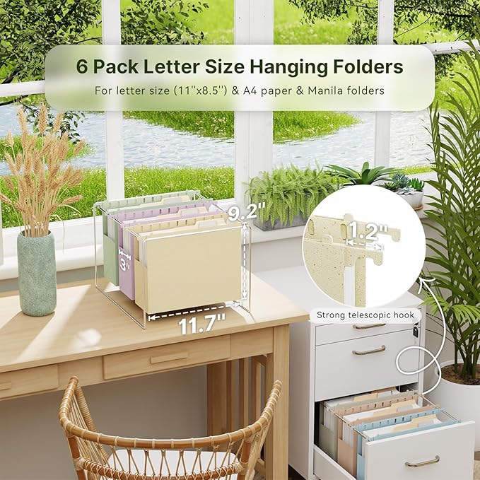 XINGIA Hanging File Folders Letter Size,3'' Expandable File Folders Hanging with Tabs,6 Pack Extra Capacity Hanging Folders for Filing Cabinet,Wheat Straw Plastic Hang File Organizer,Assorted Colors