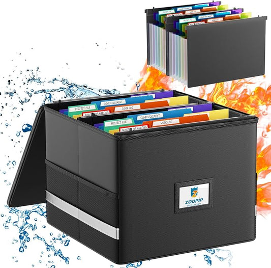 Fireproof File Box, 13.8"*12.2''*9.8'' | Hanging File Folders, Accordion Pockets, Letter Size Organizer, Folders+Box Included