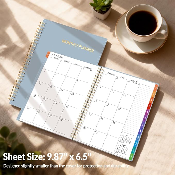 SUNEE Monthly Planner 2026-2027 - 18 Months Calendar Planner from Jul 2026 to Dec 2027, 7"x10" Yearly Planner with Tabs, Spiral Binding, Organizer for School Office Home, Gray Blue