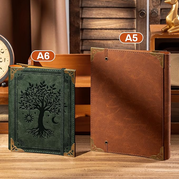 Ovesmusl PU Leather A6 Binder 6 Ring Mini Loose Leaf Binder 5.5”x7.5” No Inserts A6 Planner Binder Leather Cover Refillable Journal Cover, Green Tree